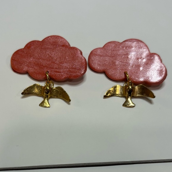 Unique Set of Handmade Earrings Pink Cloud with Gold Birds Like New - Picture 6 of 7